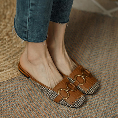 xakxx Fall Outfit Women's Slippers Retro Houndstooth Tassel Casual Shoes For Woman Summer Outdoor Ladies Slides Metal Buckle Low Heel Sandals