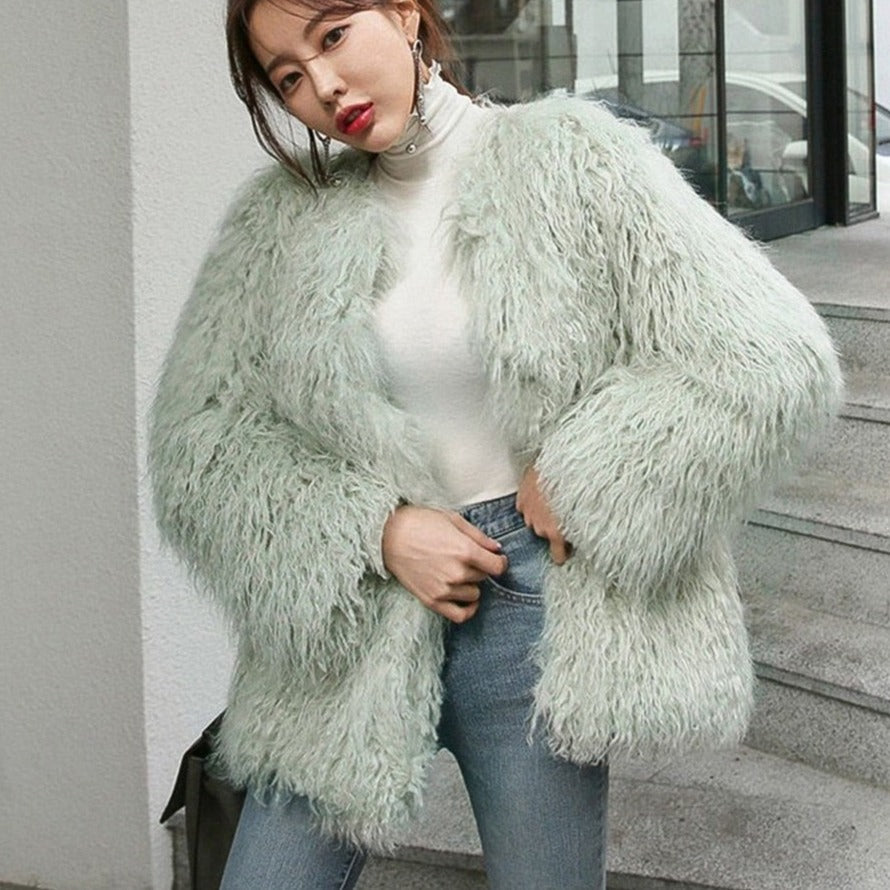 xakxx Winter Mongolia Sheep Fur Coat Women Warm Faux Fur Coats Fluffy Furry Wool Jacket Sexy Outerwear Ladies Fur Overcoat Outerwear