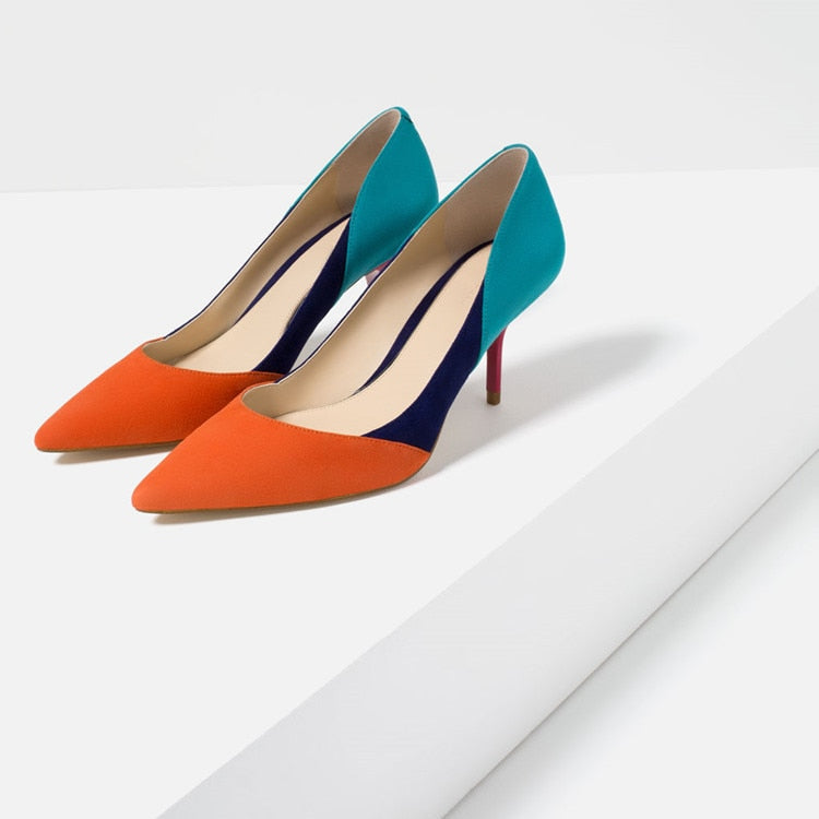 xakxx Fashion PU Leather Women Pumps Printing High Heels Shoes Point Toe mules high Party Wedding Pump