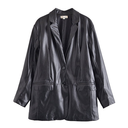 xakxx Long PU Faux Leather Blazers Women Leather Jacket Coat Brand New Women's Jackets Outerwear Ladies Coats Female Leather Suit