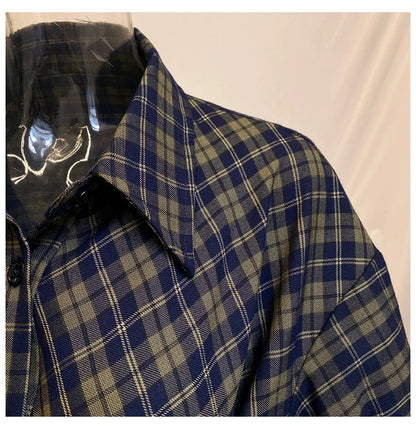 xakxx Women shirt blouse Vintage plaid shirts long women shirt Bandage Long Sleeve designer shirt women casual top plus size