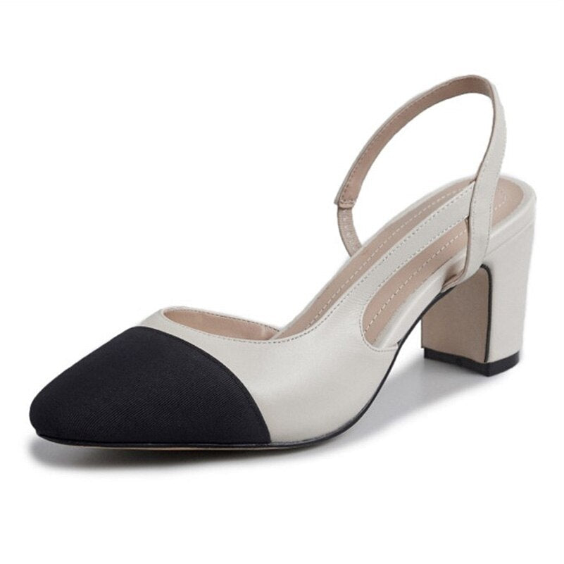xakxx Low Heels Real Leather Slingbacks Shoes Women Square Toe Pumps Thick Heel Shoes Brand Design Lady Footwear Size 40