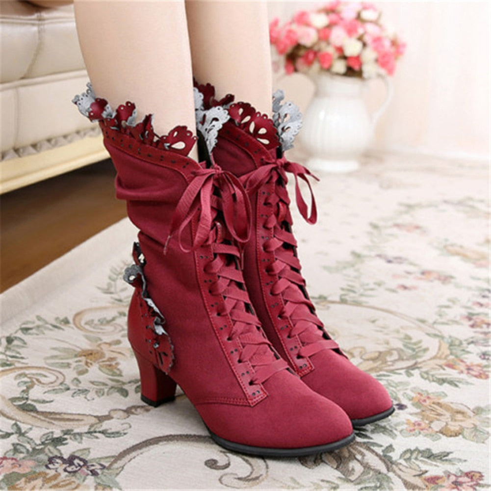 xakxx Halloween Brand New Big Size 43 Sweet Bowknot Ruffles Med Heels Shoelace Gothic Lolita Style Mid Calf Boots Women Shoes
