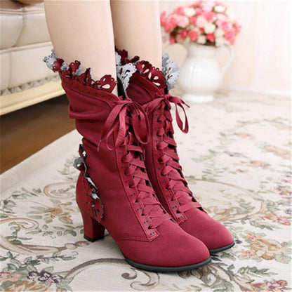 xakxx Halloween Brand New Big Size 43 Sweet Bowknot Ruffles Med Heels Shoelace Gothic Lolita Style Mid Calf Boots Women Shoes