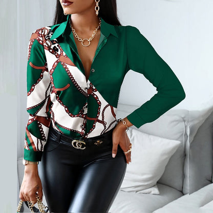 xakxx Women Fashion Shirt Lady Long Sleeve Blouse Turn-Down Collarbutton Design Print  Casual Shirts