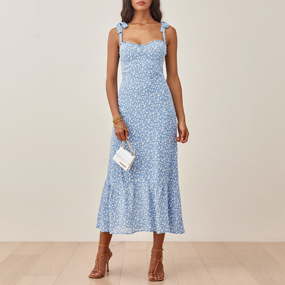 xakxx Dresses For Women Party Elegant Ruffle Hem Beach Summer Dress Sweetheart Neck Tie Strap Tropical Print Chiffon Midi Dress