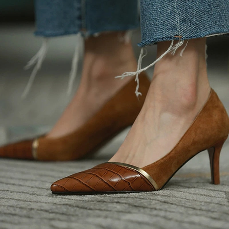 xakxx Autumn Women High Heels Pointed Toe Ladies Pumps Shoes Patchwork PU Leather Elegant Stiletto Women's Shoes