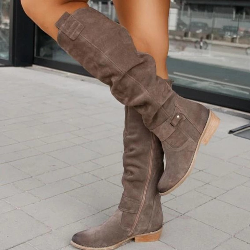 xakxx Winter Warm Women Boots Vintage Suede Shoes Lady Buckle Mid-Calf Boot Thick Low Heel Zipper Female Pointed Booties Outdoor