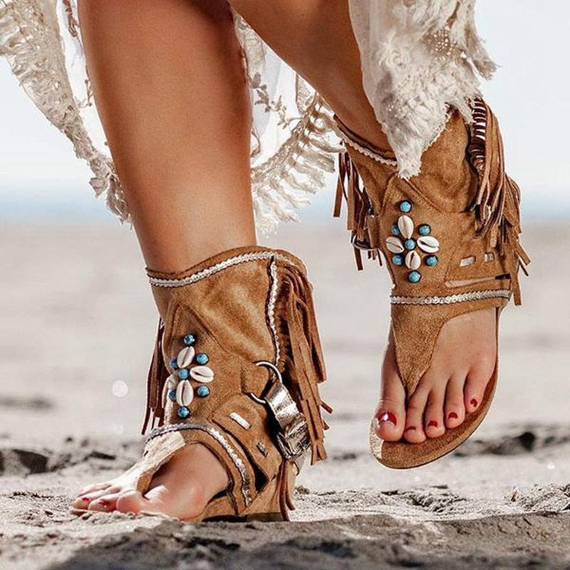 xakxx Women Retro Clip Toe Sandals Ladies Gladiator Vintage Boots Casual Tassel Rome Summer Beach Woman Shoes Female New