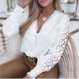 xakxx Autumn outfits  New Elegant Tops And Blouses Women Lace Long Sleeve V Neck Blouse Shirts Blouses Spring Autumn Casual Ladies Tops