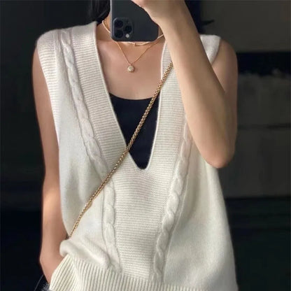 xakxx xakxx-New 100%Pure Wool Cashmere Vest Women V-Neck Thick Sleeveless Wild Sweater Autumn Large Size Waistcoat Knit Vest Pullover