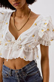 xakxx Women Sweet Fashion Floral Embroidery Ruffled Blouses Vintage V Neck Short Sleeve Female Shirts Blusas Chic Tops