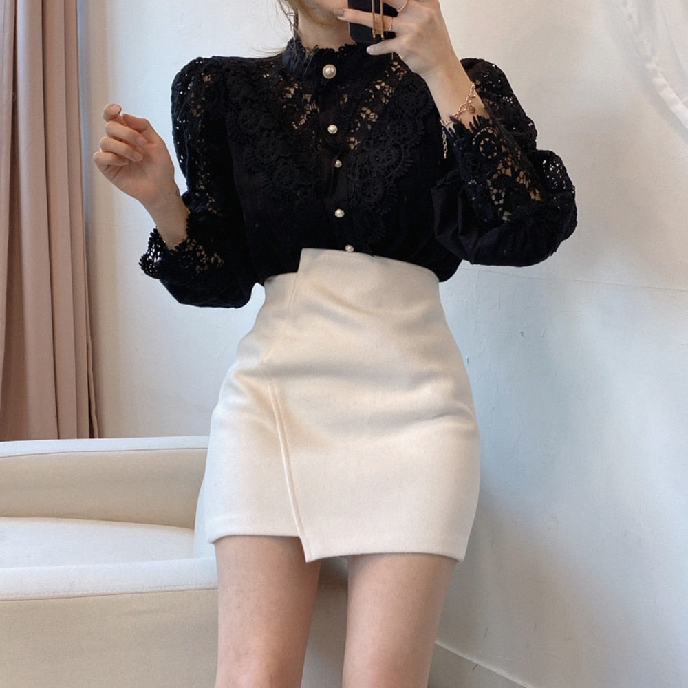 Women Sexy Lace Patchwork Hollow Out T-Shirt Long Sleeve Crew Neck Button Mesh Design Tops Spring Fashion White Vintage T Shirts