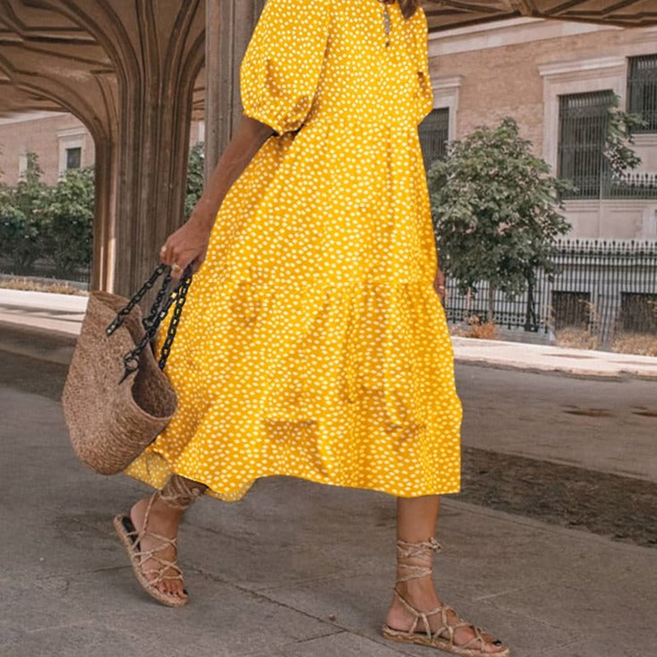 xakxx Summer Dress  Women Casual Short Sleeve Plaid Printed Sundress Loose Pleated Mid-Calf Dresses Femme Party Robe