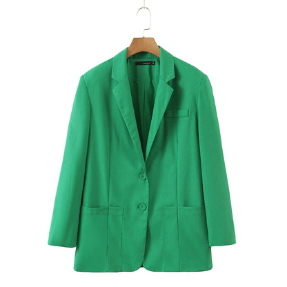 xakxx Women Fashion Loose Blazer Mujer Double Pockets Single Breasted Chic Suit Jacket Ladies Green Streetwear Outerwear