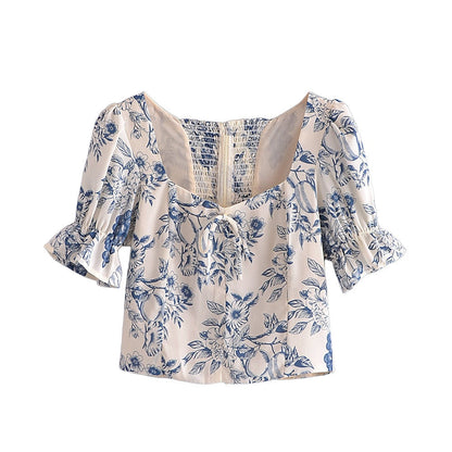 xakxx Vintage Ivory Blue Flower Print Shirt Retro Elastic Ruched Back Square Collar Short Sleeve Short Blouse Tank Top Tops