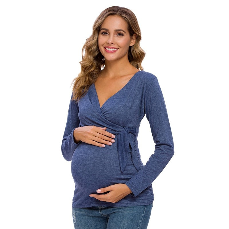 Pregnancy Clothes Maternity Shirts Long Sleeve V-Neck Pregnant Blouses Mama Casual Tunic Breastfeeding Comfortable Fit Tops