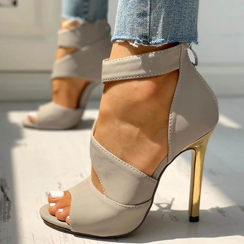 xakxx Back to school supplies Women Thin High Heels Summer Thin High Zipper Peep Toe Sandals Office Hollow Out Sandals Shoes Ladies High Heels Pumps