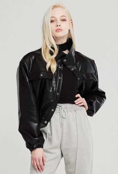 xakxx Autumn Spring Solid Casual Jacket Women Female Chic Long Sleeve PU Leather Jacket With Quilted Lining Cropped Coat Outwear