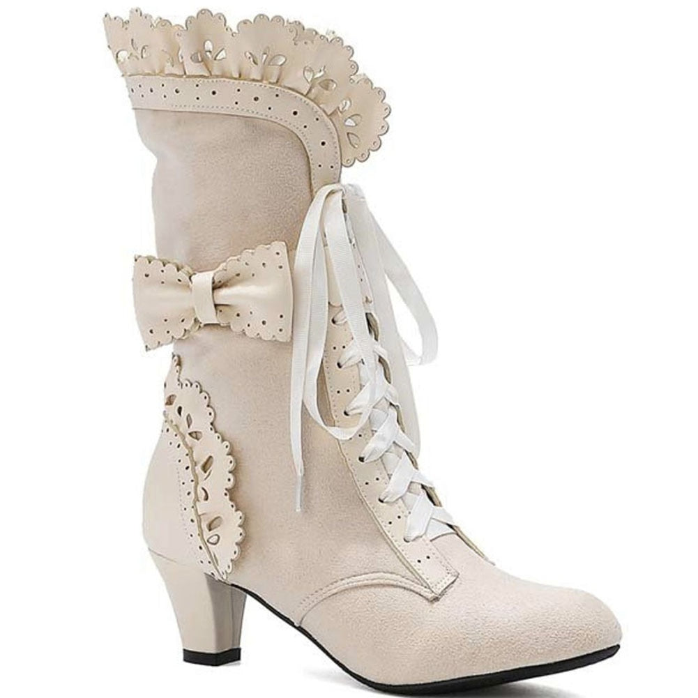 xakxx Halloween Brand New Big Size 43 Sweet Bowknot Ruffles Med Heels Shoelace Gothic Lolita Style Mid Calf Boots Women Shoes