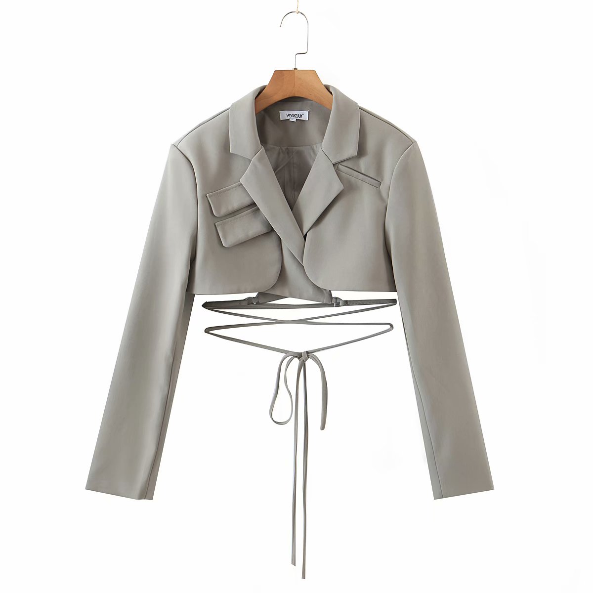 xakxx Gray Double Layer Bandage Slim Blazer Women Long Sleeve Pocket Short Jacket Female Notched Collar Outwear Tops New