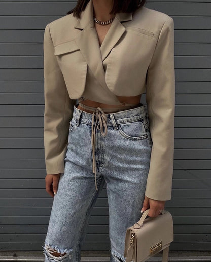 xakxx Gray Double Layer Bandage Slim Blazer Women Long Sleeve Pocket Short Jacket Female Notched Collar Outwear Tops New