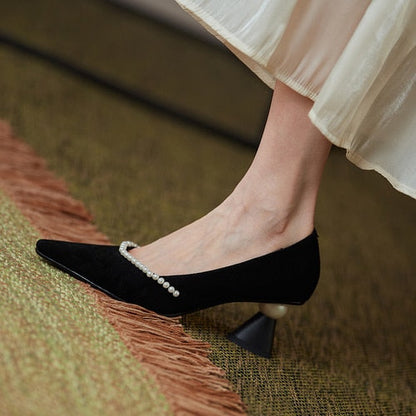 xakxx Fall Outfit  Spring Women's Pumps Kitten Round Heel Pointed Toe String Bead Ladies Heels Solid Color Flock Comfy Shallow Female Shoes