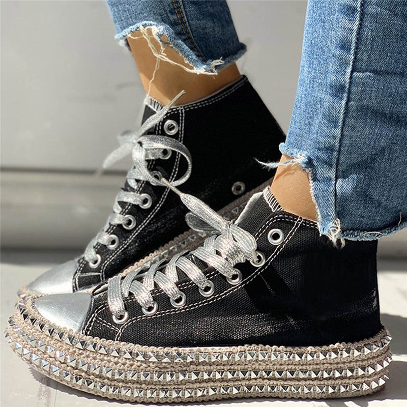 xakxx Women Sneakers Leopard Rivets Shoes Women Canvas Shoes Leisure Lace-Up Low High Top Sneakers Basket Femme Big Size Women Shoes