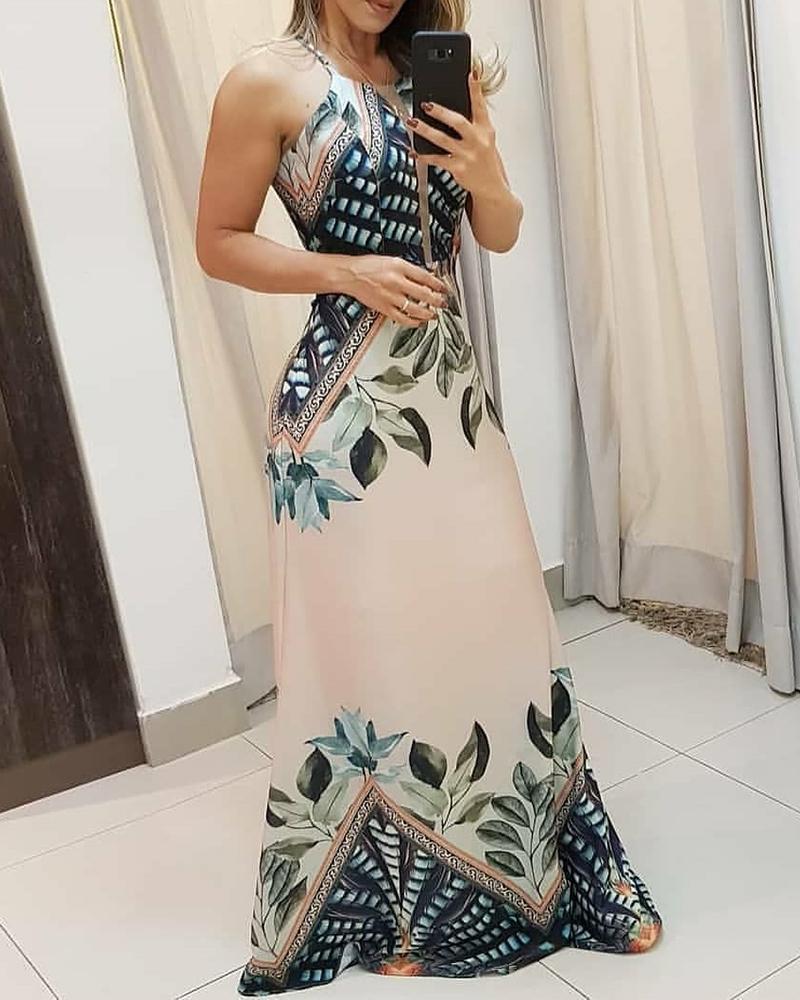 xakxx Back to School  Summer Women Sleeveless Elegant Fashion Party Dresses Vacation Holiday Tripical Print Spaghetti Strap Maxi Dress