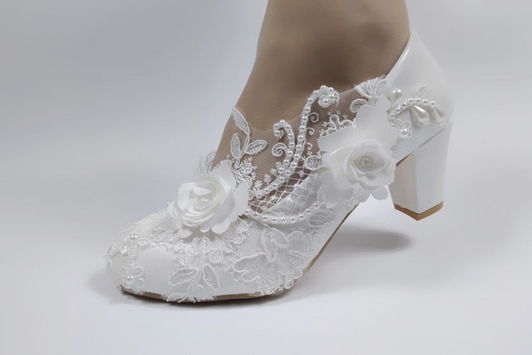 xakxx  White Flower Pumps New arrival womens wedding shoes Bride High heels platform shoes for woman ladies party dress shoes