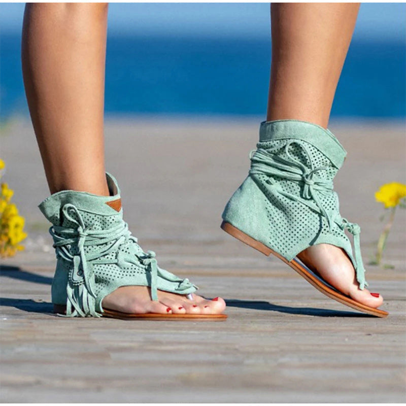 xakxx Women Retro Clip Toe Sandals Ladies Gladiator Vintage Boots Casual Tassel Rome Summer Beach Woman Shoes Female New