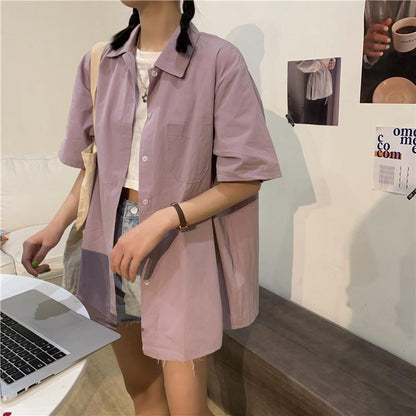 xakxx Shirts Women Short Sleeve blouses Solid Bf Oversize Loose Turn Down Collar College Simple Womens All-match Harajuku  Summer