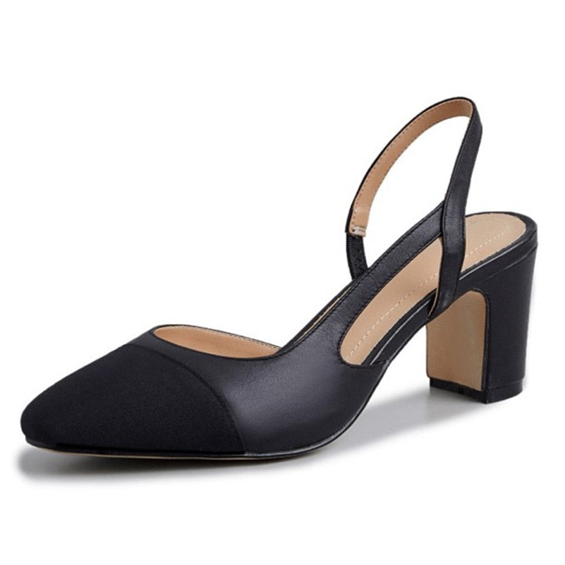 xakxx Low Heels Real Leather Slingbacks Shoes Women Square Toe Pumps Thick Heel Shoes Brand Design Lady Footwear Size 40