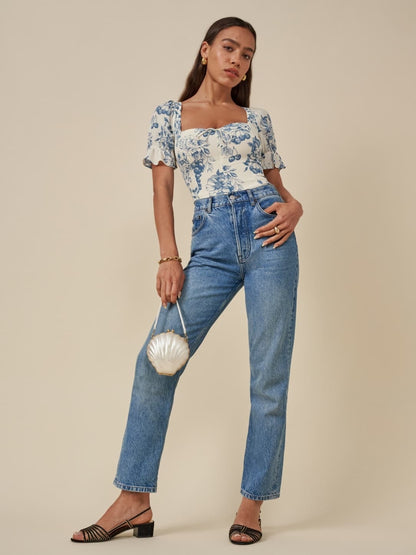 xakxx Vintage Ivory Blue Flower Print Shirt Retro Elastic Ruched Back Square Collar Short Sleeve Short Blouse Tank Top Tops