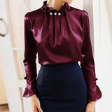 Women Satin Blouses Elegant Long Sleeve Silk Tops  Pearl Stand Collar Female Office Shirts Solid Casual Party Blouse