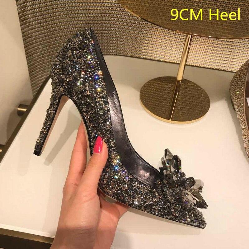 xakxx  Newest  Cinderella Shoes Rhinestone High Heels Women Pumps Pointed toe Woman Crystal Party Wedding Shoes 5cm/7cm/9cm-1