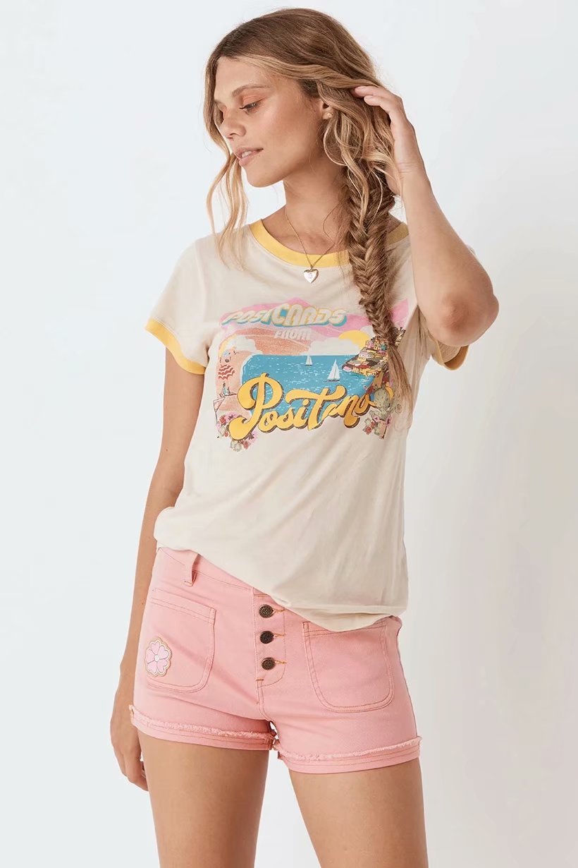 xakxx Casual Summer Beige Tshirt Cartoon O Neck Cotton T-Shirt For Girls Streetwear Designer Style Women Tees New Arrivals