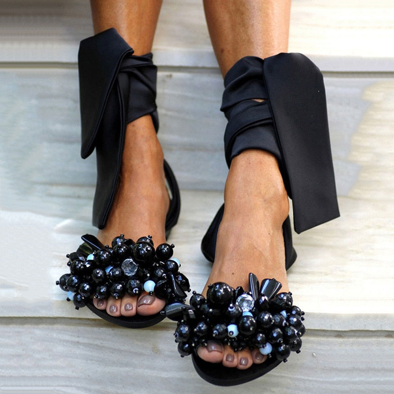 xakxx  Sandals Women Flat Sandals Ankle Strap Handmade Beaded Special Women's Shoes Beach Sandals Plus Size 35-43