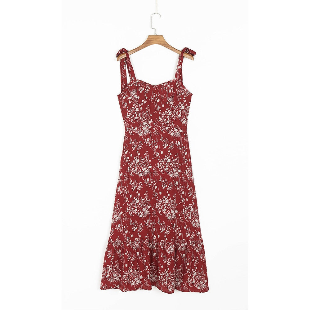 xakxx Dresses For Women Party Elegant Ruffle Hem Beach Summer Dress Sweetheart Neck Tie Strap Tropical Print Chiffon Midi Dress