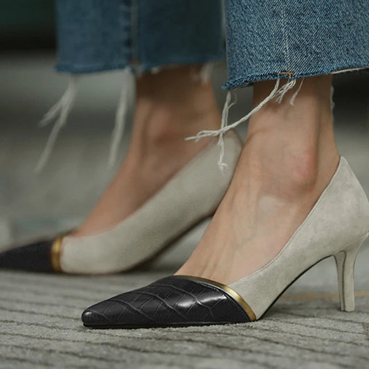 xakxx Autumn Women High Heels Pointed Toe Ladies Pumps Shoes Patchwork PU Leather Elegant Stiletto Women's Shoes