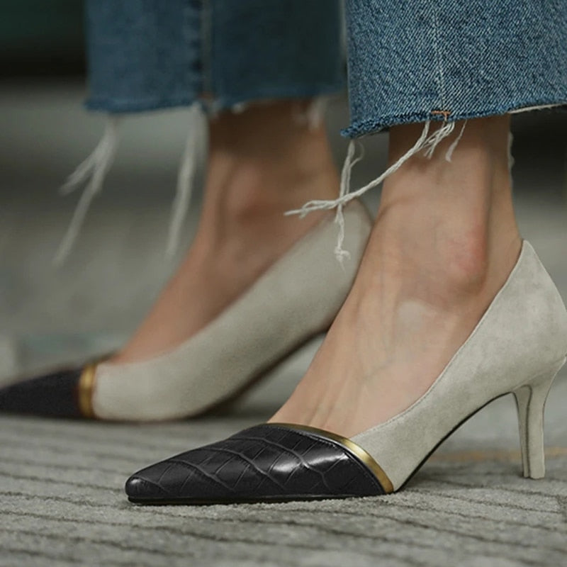 xakxx Autumn Women High Heels Pointed Toe Ladies Pumps Shoes Patchwork PU Leather Elegant Stiletto Women's Shoes