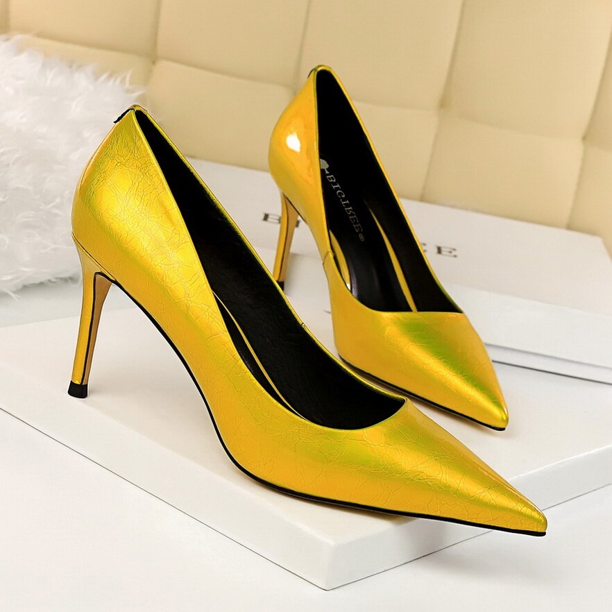 xakxx  Women 8Cm High Heels Pumps Plus Size 43 Pointed Toe Luxury Valentine Lady Shoes Low Heel Scarpins Yellow Green Blue Pumps