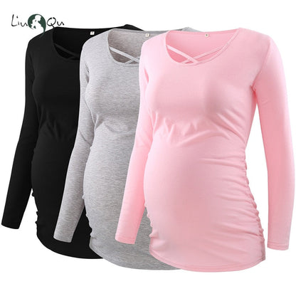 xakxx Women's Maternity Long Sleeve Pregnant Blouses Tops Flattering Side Ruching Maternity Clothes Pregnancy T-Shirt