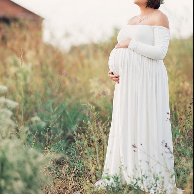 xakxx Long Tail Maternity Dresses Photography Props V-Neck Maxi Gown Cotton Dress Pregnant Women Pregnancy Autumn Photo Shoot Clothes