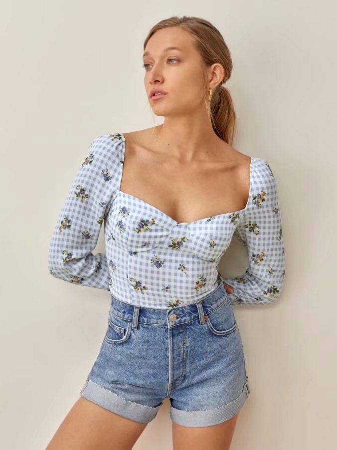 xakxx xakxx Vintage Blue Tartan Floral Print  Women Tops And Blouses Chic Slim Long Sleeve Ropa Mujer Fashion Square Collar Shirt Tops
