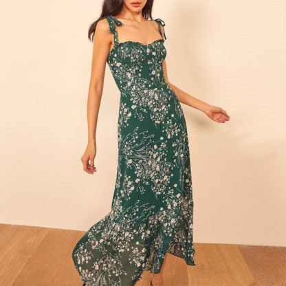 xakxx Dresses For Women Party Elegant Ruffle Hem Beach Summer Dress Sweetheart Neck Tie Strap Tropical Print Chiffon Midi Dress