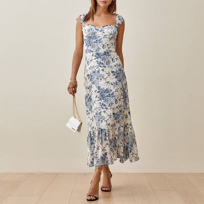xakxx Dresses For Women Party Elegant Ruffle Hem Beach Summer Dress Sweetheart Neck Tie Strap Tropical Print Chiffon Midi Dress