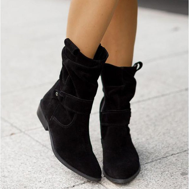 xakxx Thanksgiving Women Knee High Boots Solid Color Suede Lady Flats Winter Warm Comfortable Female Shoes Point Toe Zipper Low Heel Tall Boot