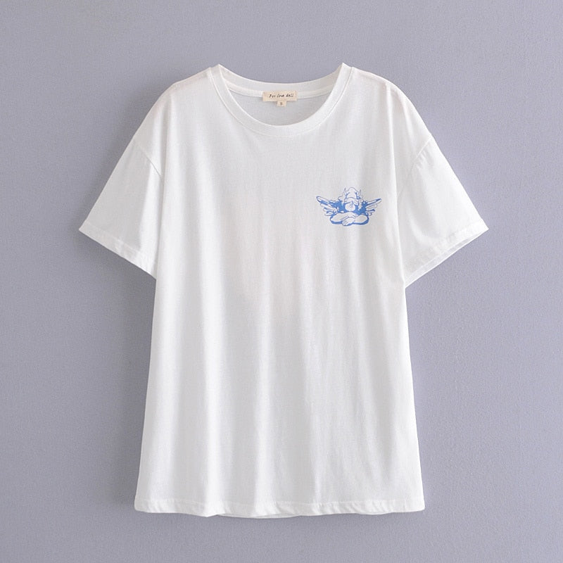 xakxx Spring Summer Girls Loose White Cotton T-Shirt Cartoon Letter Printing Casual O-Neck Simple Tees