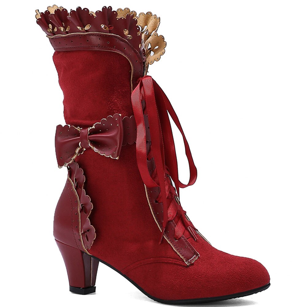 xakxx Halloween Brand New Big Size 43 Sweet Bowknot Ruffles Med Heels Shoelace Gothic Lolita Style Mid Calf Boots Women Shoes